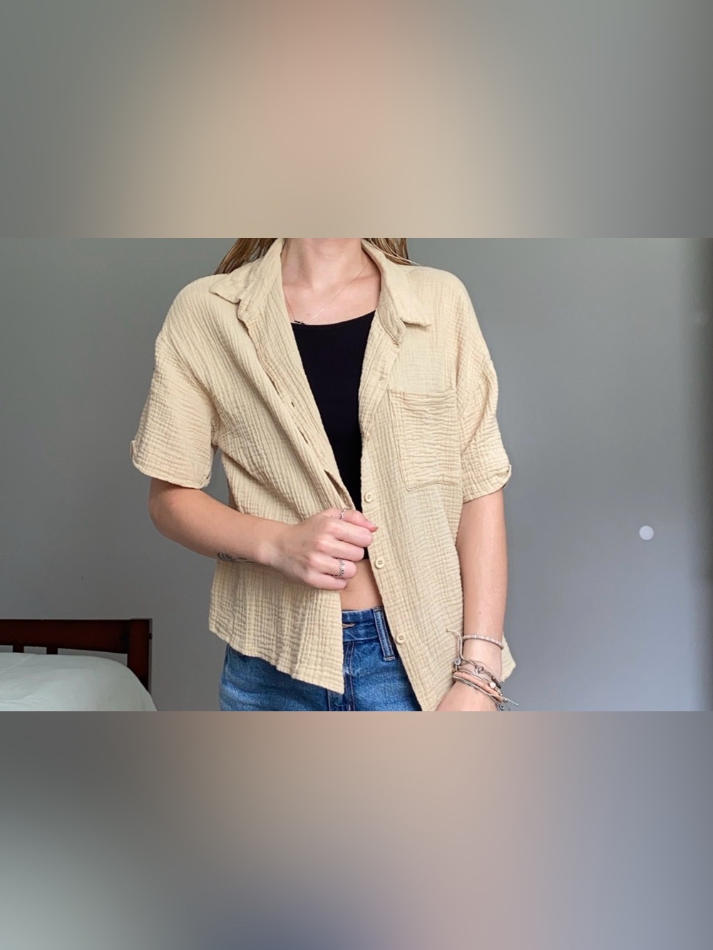 SHEIN Beige Textured Button-Down Short Sleeve Shirt